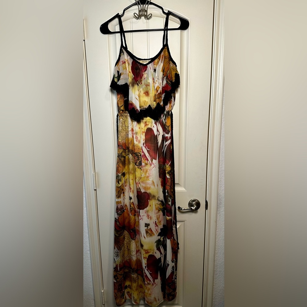 90s style Arden B Black Floral Butterfly Maxi Dress with lace trim bust size XS